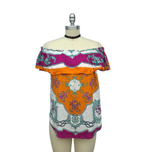 Hale Bob Women's Off the Shoulder Top Size XS Peasant Boho Short Sleeve